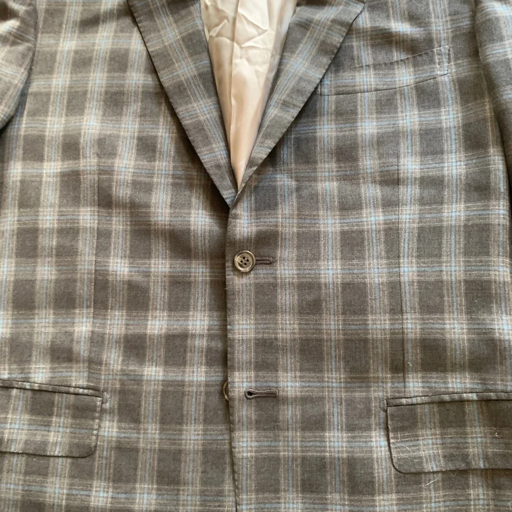 Isaia Napoli Mens Plaid Sport Coat Blazer Charcoal Gray Blue Wool Two Button